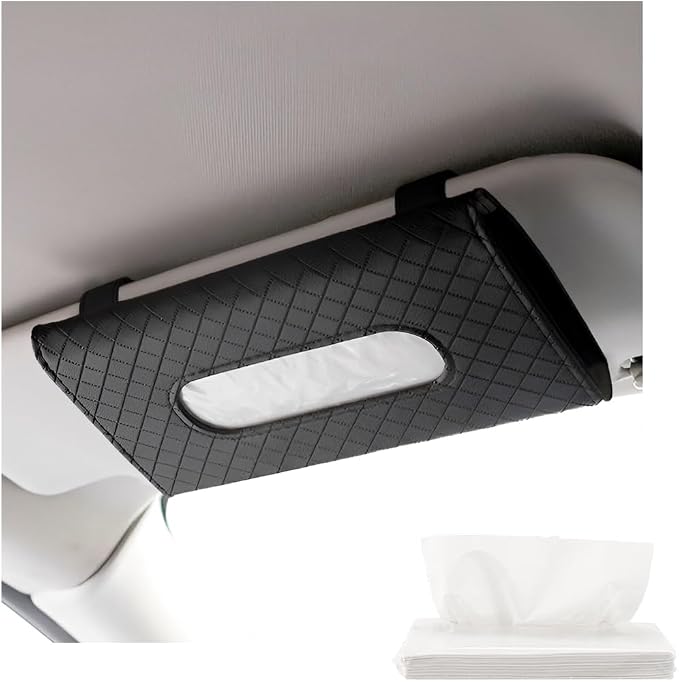 Car Tissue Holder, Leather Sun Visor Hanging Napkin Holder with Tissue Refill, Clip-On Visor Mask Dispenser Premium Paper Towels Case for Vehicles, Universal Car Accessories (Black)