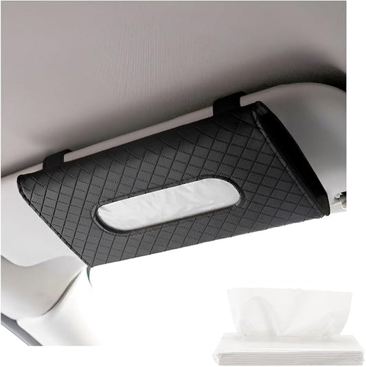 Car Tissue Holder, Leather Sun Visor Hanging Napkin Holder with Tissue Refill, Clip-On Visor Mask Dispenser Premium Paper Towels Case for Vehicles, Universal Car Accessories (Black)