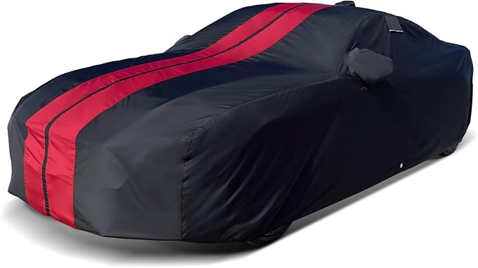 iCarCover Premium Heavy Duty Car Cover - Waterproof All Weather Rain UV Protection, Benz CLK, CLA, RSX, Collora, Prius, X Type, G70, WRX, C70, Size C12 (See Size Chart), Stripe - Black/Red