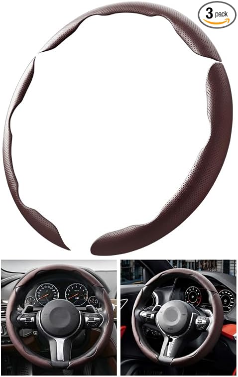 3PCS Car Steering Wheel Cover, 14.5-15" Breathable Nappa Leather Segmented Steering Wheel Protector with Non-Slip Grip, Stylish Auto Decor Accessories, Universal for Vehicles (Dark Brown)