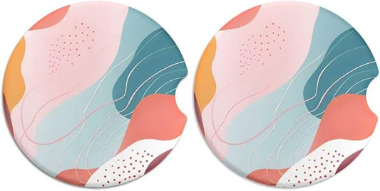 2 Pack Ceramic Car Coasters for Cup Holder, 2.56 in Anti Slip Absorbent Coaster with Cork Base and Finger Notch, Funny Cute Car Accessories for Women, Boho Lines