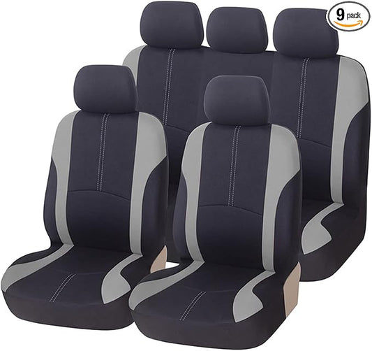 AICEL 9PCS Car Seat Covers Full Set Mesh Fabric Auto Seat Protectors Gray | Padded foam laminate, removable headrest design, washable fabric, snap fastening, universal fit, automotive accessories