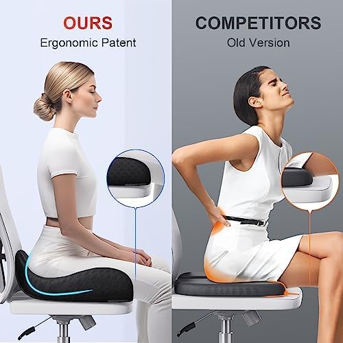 Benazcap Large Ergonomic Seat Cushion Relieves Sciatica & Tailbone Pain | Ergonomic memory foam relieves sitting strain, washable slip-resistant cover, fits office, car, gaming chairs all day