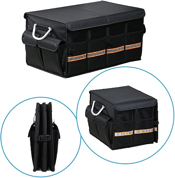 Tianle Car Trunk Organizer - Collapsible Trunk Organizer & Lid Foldable Cover Aluminium Alloy Handle Reflective Strip for Auto, SUV, Truck, Minivan (L Black)