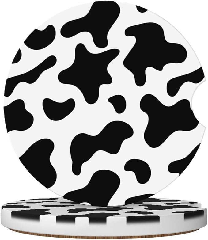 Black and White Cow Print Car Coasters for Cup Holders,2 Pack Car Cup Holder Coasters for Car,Ceramic Absorbent Car Coaster with A Finger Notch and Cork Base,Car Interior Accessories for Women Men