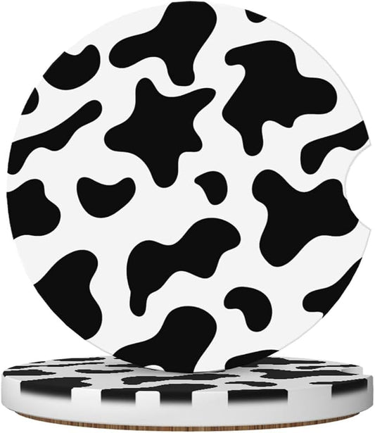 Black and White Cow Print Car Coasters for Cup Holders,2 Pack Car Cup Holder Coasters for Car,Ceramic Absorbent Car Coaster with A Finger Notch and Cork Base,Car Interior Accessories for Women Men