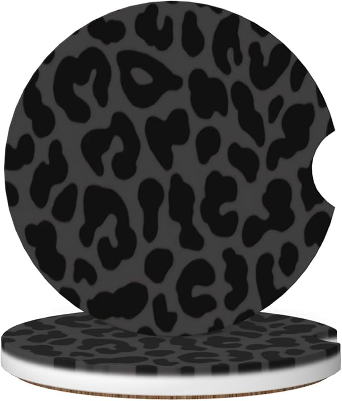 Absorbent Ceramic Car Coasters for Cup Holders, Black Leopard Cheetah Print Design 2.56" Anti Slip Universal Drink Cup Coasters for Women Men (2 Pack)