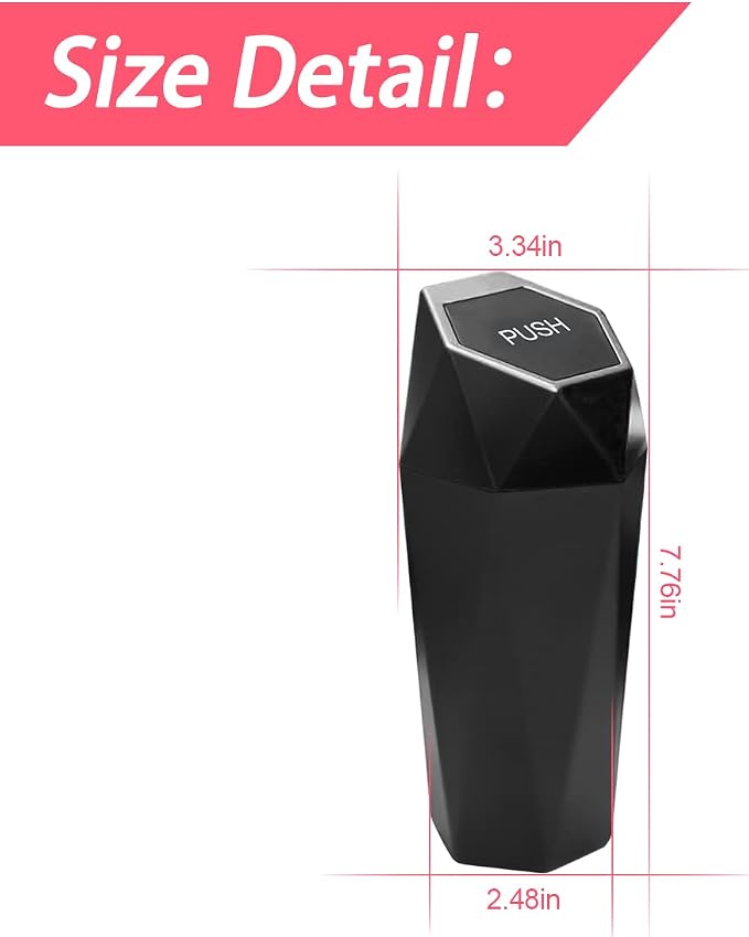 Car Trash Can with Lid, Mini Portable Auto Garbage Can, Small Leakproof Diamond Design Trash Dustbin, Waterproof Vehicle Rubbish Bins for Automotive Car, Home, Office, Kitchen, Bedroom (Black,1)
