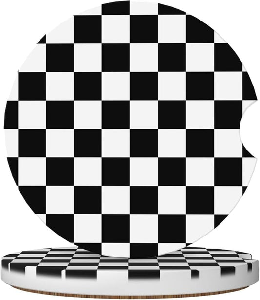 Black White Checkered Car Coasters for Cup Holders,2 Pack Car Cup Holder Coasters for Car,Ceramic Absorbent Car Coaster with A Finger Notch and Cork Base,Car Interior Accessories for Women Men