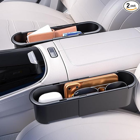 2-Pack Expandable Car Seat Gap Organizer, Adjustable 185-265mm | Driver & passenger side pockets, sliding gap storage box, fits phone keys wallet, seat gap filler set, stop drops