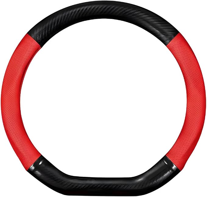 Car Breathable Steering Wheel Cover, Carbon Fiber Wear-Resistant D Shape Steering Wheel Protector for Comfy Grip, Universal Non-Slip Leather Wheel Sleeve for Most Car SUV Truck (Red)