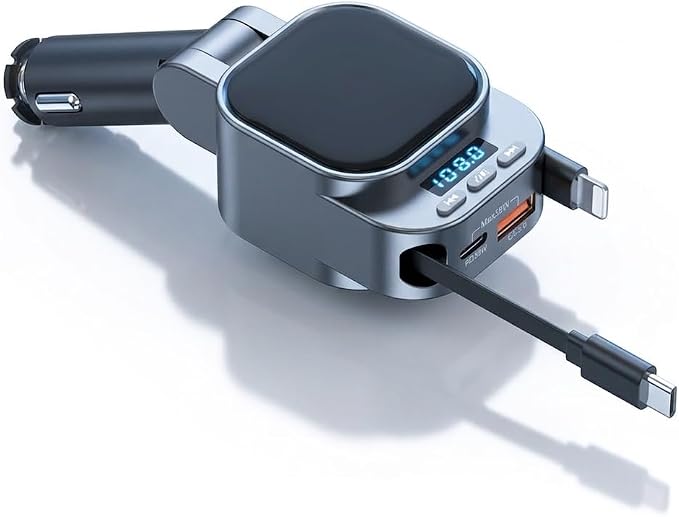 Bluetooth 5.3 Car Adapter, 96W FM Transmitter, 4-in-1 Retractable Charger | 96W Fast Charging | Bluetooth 5.3 Auto-Reconnect | 2 Retractable Cables (USB-C+Lightning) | 2 USB Ports | AUX+FM
