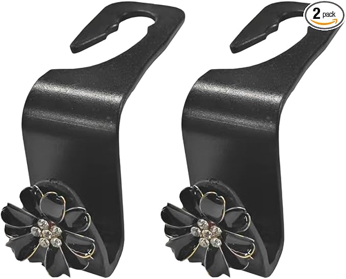 Craedli 2PCS Bling Car Seat Headrest Hook, Cute Rhinestone Flower Seat Back Storage Organizer Hanger Car Purse and Bag Hooks Holder, Universal Interior Accessories for Handbag Grocery Bag Coat (Black)