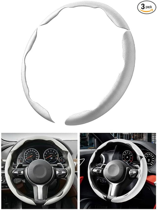 3PCS Car Steering Wheel Cover, 14.5-15" Breathable Nappa Leather Segmented Steering Wheel Protector with Non-Slip Grip, Stylish Auto Interior Decor Accessories, Universal for Vehicles (White)