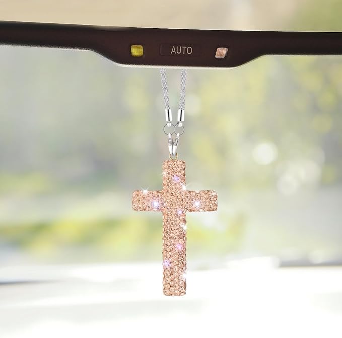 ZIMISI Bling Cross Car Hanging Ornament, Crystal Rhinestone Car Rearview Mirror Pendant for Women, Diamond Rear View Mirror Charm Present, Universal Vehicle Interior Decoration Accessory (Champagne)