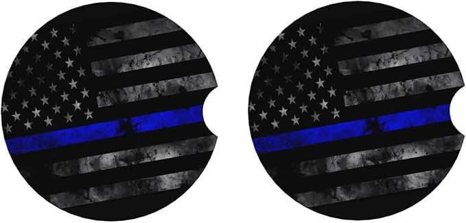 Vintage Thin Blue Line American Flag Absorbent Ceramic Car Coasters 2 Pack Insert Cupholder Coaster Car Cup Holder Mat with Finger Notch Anti-Slip Cork Base Reusable Drink Coasters 2.56 in