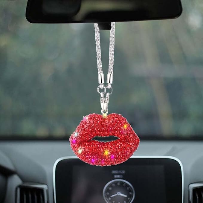 Bling Lip Diamond Car Accessories for Women, Crystal Rear View Mirror Accessories,for Family and Lover,Car Decoration, Valentine's Gift, Lucky Hanging Interior Ornament (Red)
