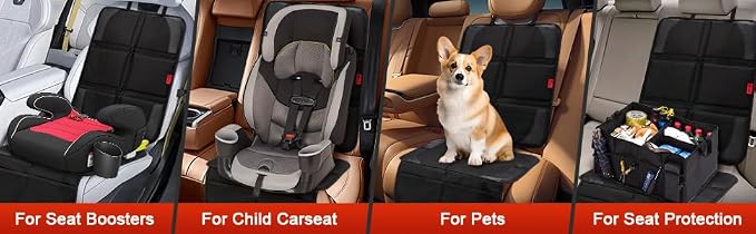 Kaiphy Car Seat Protector with Thick Padding + XL Large Car Seat Cover for Child Car seat, Eco Friendly Waterproof & Durable Fabric + 2 Storage Pockets Protect Fabric or Leather Seats 2Pack (Brown)