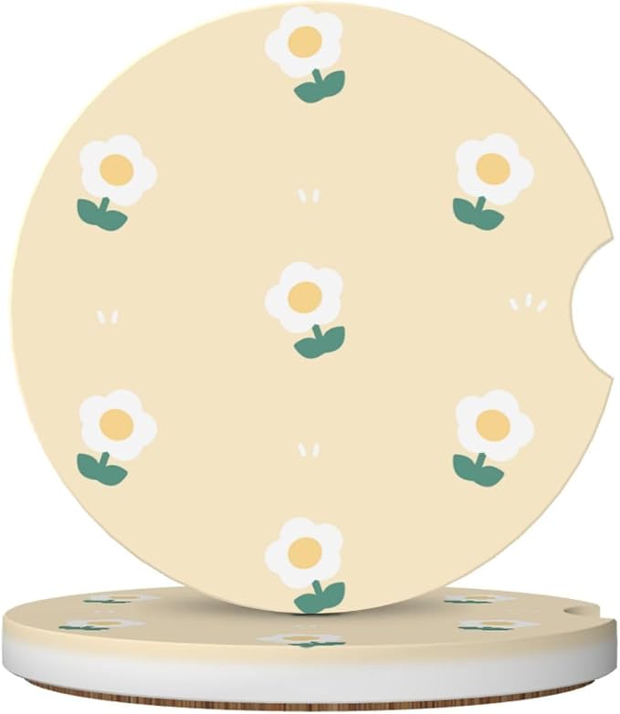 Cute White Flower Car Coasters for Cup Holders,2 Pack Car Cup Holder Coasters for Car,Ceramic Absorbent Car Coaster with A Finger Notch and Cork Base,Car Interior Accessories for Women Men