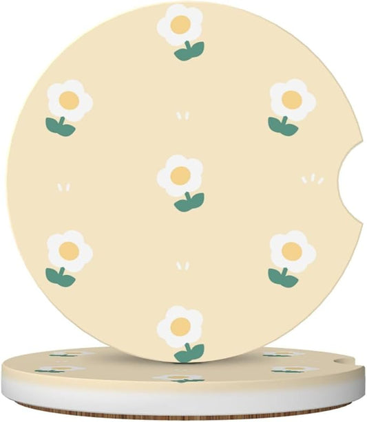 Cute White Flower Car Coasters for Cup Holders,2 Pack Car Cup Holder Coasters for Car,Ceramic Absorbent Car Coaster with A Finger Notch and Cork Base,Car Interior Accessories for Women Men