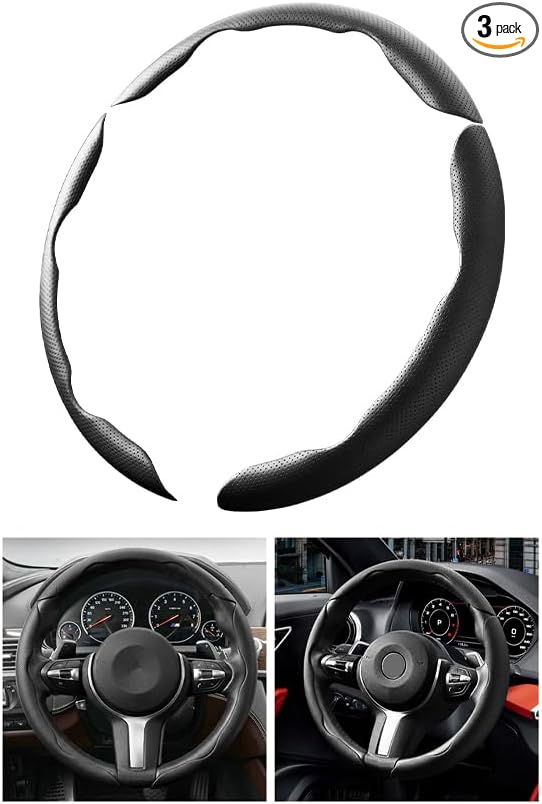3PCS Car Steering Wheel Cover, 14.5-15" Breathable Nappa Leather Segmented Steering Wheel Protector with Non-Slip Grip, Stylish Auto Interior Decor Accessories, Universal for Vehicles (Black)
