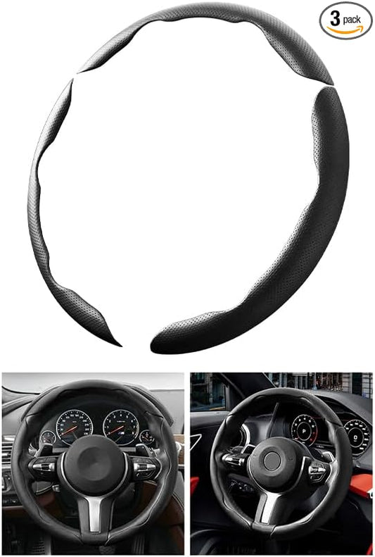 3PCS Car Steering Wheel Cover, 14.5-15" Breathable Nappa Leather Segmented Steering Wheel Protector with Non-Slip Grip, Stylish Auto Interior Decor Accessories, Universal for Vehicles (Black)