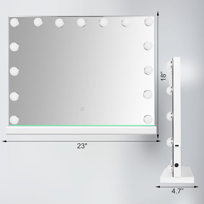 Hollywood Vanity Mirror with Lights, 23"x18" Lighted Makeup Mirror with 10x Magnification for Desk/Wall Mount, 15 Led Bulbs, 3 Lighting Modes for College Dorm, Bedroom, Dressing Room