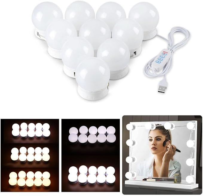 LED Vanity Lights for Mirror, Hollywood Style Vanity Lights with 10 Dimmable Bulbs, Adjustable Color & Brightness, USB Cable, Mirror Lights Stick on for Makeup Table Dressing Room (8 Lights)