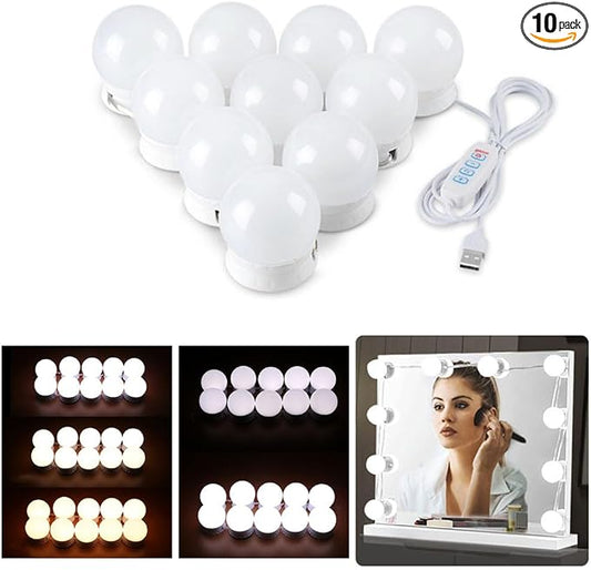LED Vanity Lights for Mirror, Hollywood Style Vanity Lights with 10 Dimmable Bulbs, Adjustable Color & Brightness, USB Cable, Mirror Lights Stick on for Makeup Table Dressing Room (12 Lights)