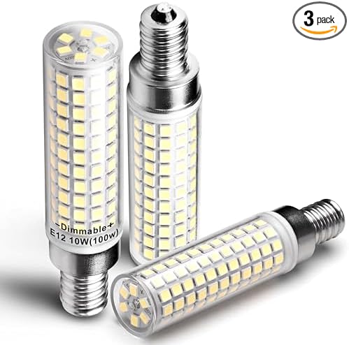 Dimmable E12 C7 LED Candelabra Bulb 10W 6000K Daylight White 1000lm, 3 Pack | Equivalent 100W, AC120V, 360° Beam Angle, T6 Candle Base for Home Decorative Ceiling Fan Chandelier Pendant Salt Lamp