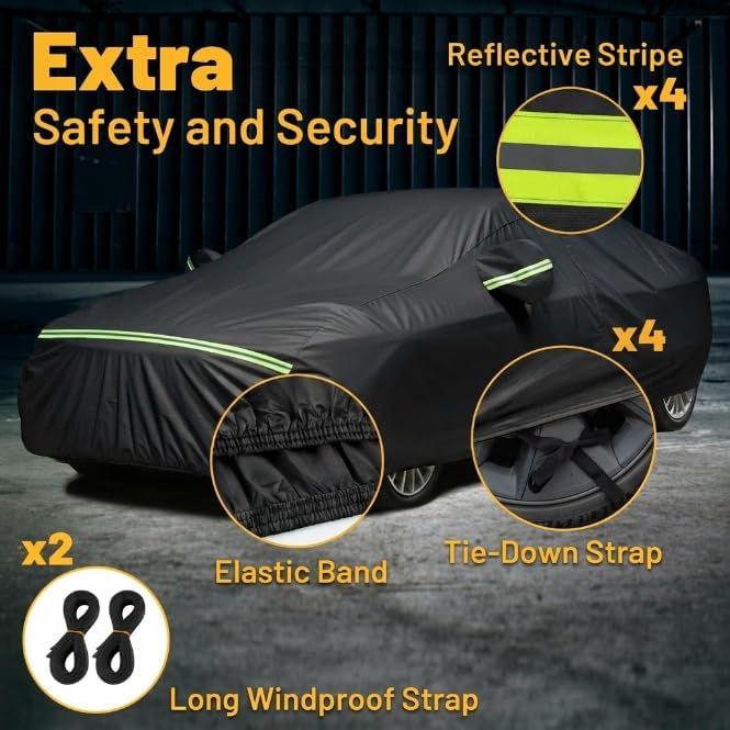 Favoto Car Cover Waterproof All Weather Windproof for Sedans 175-183 Inches | UV Protection, Soft Cotton Lining, Driver Door Zipper, Reflective Strips and Storage Bag Included with Vehicle Fitment Black