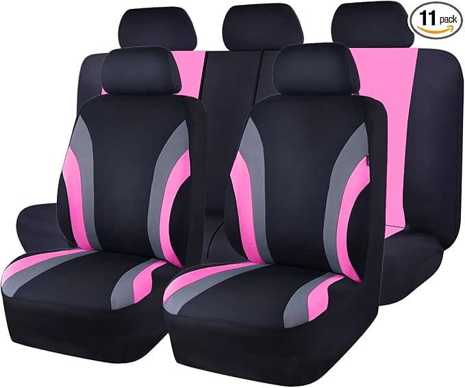 CAR PASS Line Rider Sporty Cloth 11PCS Universal Fit Car Seat Cover -100% Breathable with 5mm Composite Sponge Inside,Airbag Compatible,3zipper Bench(Full Set, Black and Pink)
