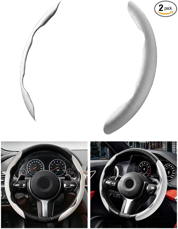 2PCS Car Steering Wheel Cover, 14.5-15" Breathable Nappa Leather Segmented Steering Wheel Protector with Non-Slip Grip, Stylish Auto Interior Decor Accessories, Universal for Vehicles (White)