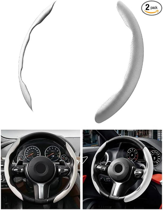 2PCS Car Steering Wheel Cover, 14.5-15" Breathable Nappa Leather Segmented Steering Wheel Protector with Non-Slip Grip, Stylish Auto Interior Decor Accessories, Universal for Vehicles (White)