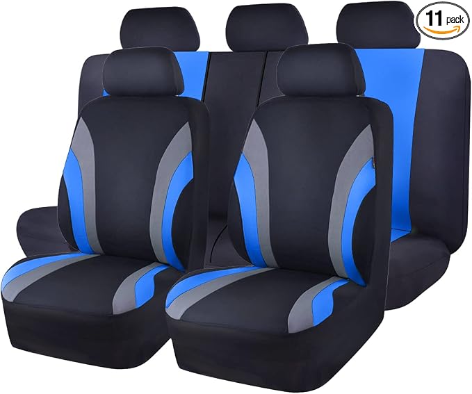CAR PASS Line Rider Sporty Cloth 11PCS Universal Fit Car Seat Cover -100% Breathable with 5mm Composite Sponge Inside,Airbag Compatible,3zipper Bench(Full Set, Black and Blue)