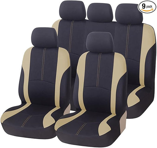 AICEL 9 Piece Car Seat Covers Set Mesh Fabric Auto Seat Protectors Beige | Padded foam laminate, removable headrest design, washable fabric, snap fastening, universal fit, automotive accessories
