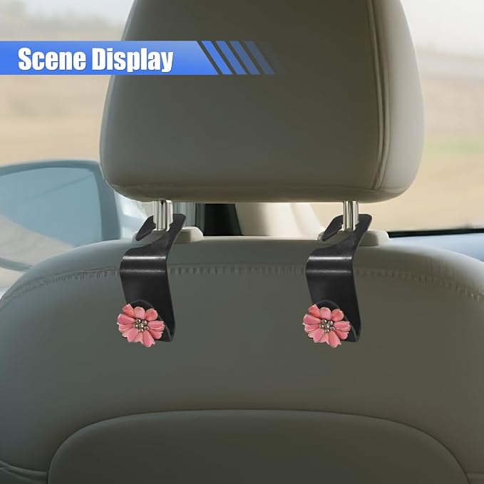 Craedli 2PCS Bling Car Seat Headrest Hook, Cute Rhinestone Flower Seat Back Storage Organizer Hanger Car Purse and Bag Hooks Holder, Universal Interior Accessories for Handbag Grocery Bag Coat (Pink)