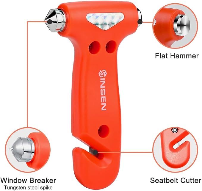 SENSEN Window Breaker Seatbelt Cutter, Car Emergency Escape Tool to Break Glass, Safety Hammer, 3-in-1, 2 Pack, Orange