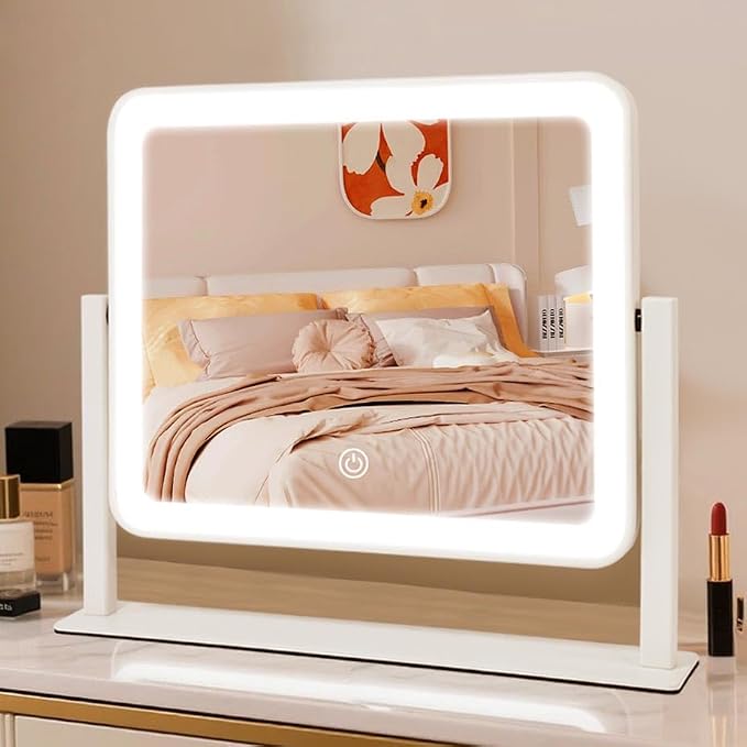 YEKKOPT Rechargeable Vanity Mirror with Lights, 10"×12" LED Makeup Mirror, Smart Touch Control, 3 Color Lighting with Adjustable Brightness,Cosmetic Mirror for Bedroom, Vanity Desk, Beauty Routine