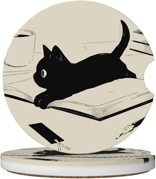 Kawaii Anime Black Cat Car Coasters for Cup Holders,2 Pack Car Cup Holder Coasters for Car,Ceramic Absorbent Car Coaster with A Finger Notch and Cork Base,Car Interior Accessories for Women Men