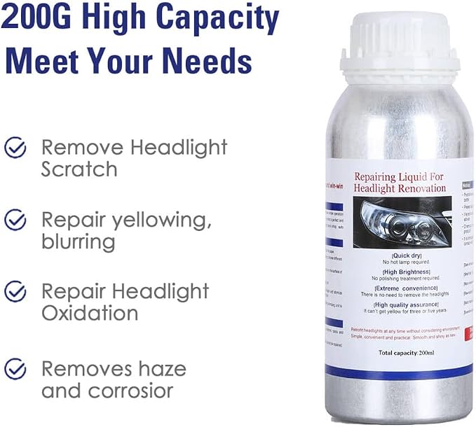 200ML Headlight Restoration Liquid,Automobile Headlight Lens Polish Repair Liquid, Car Headlight Scratch Restoring Fluid for Repair Headlight Yellowing, Haze, Scratches