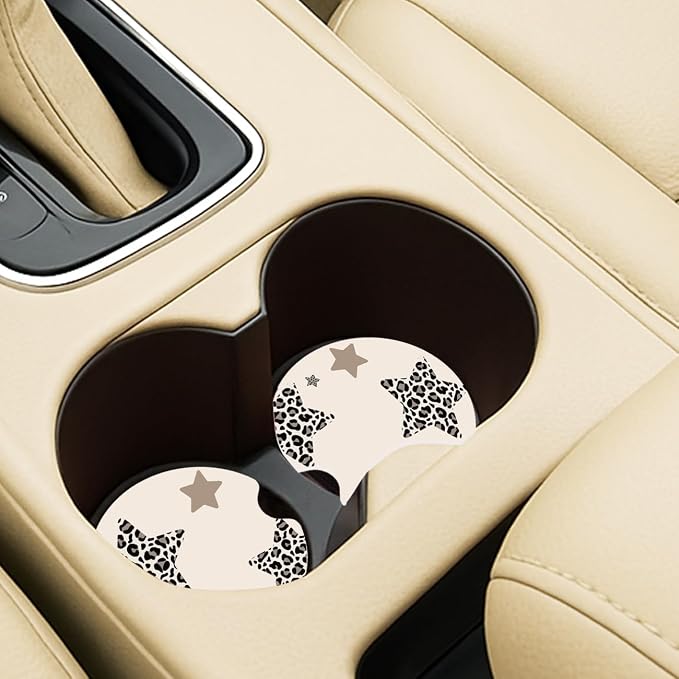 Ceramic Car Coasters – Absorbent Car Cup Holder Coaster Set for Women, Cute Aesthetic Car Accessories for Girls, 2 Pack (Oatmeal)