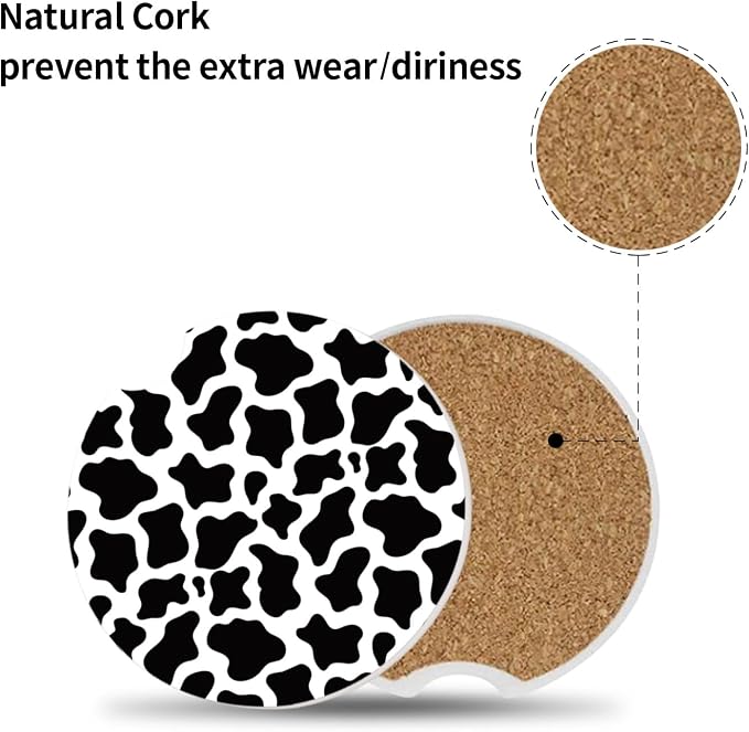 Cute Cow Print Animal Themed Black and White Ceramic Cup Holders Car Coasters Set for Women/Men,Drink Cup Car Holder Coasters with A Finger Notch 2.56" Pack of 2