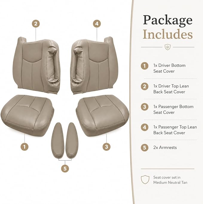 NLQR #522/52i Med Tan Driver & Passenger Bottom & Top Lean Back Replacement Leather Seat Covers & Armrests fit for Chevy Silverado Tahoe Suburban Avalanche GMC Yukon Sierra 1500 2500 3500 HD 2003-2007