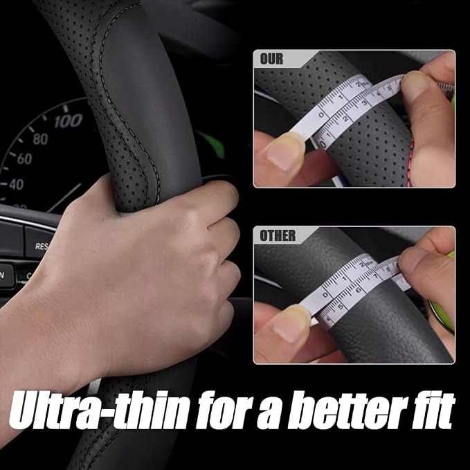 LKWLIKEI Nappa Premium Leather car Steering Wheel Cover, Non-Slip, Breathable, Universal 15 inches