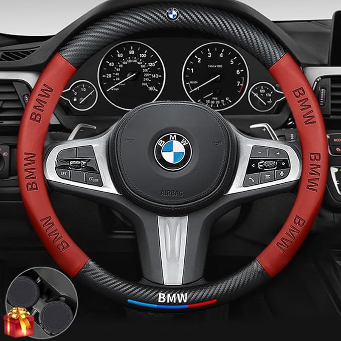 Steering Wheel Cover Compatible with BMW, Nappa Leather&Carbon Fiber Texture Steering Wheel Cover, 14.5-15 Inch Diameter with 2 Coasters and USB Fast Charging Cable (Red)