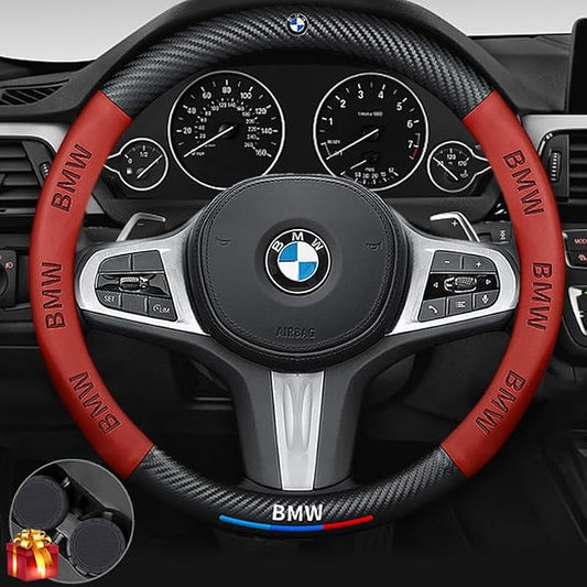 Steering Wheel Cover Compatible with BMW, Nappa Leather&Carbon Fiber Texture Steering Wheel Cover, 14.5-15 Inch Diameter with 2 Coasters and USB Fast Charging Cable (Red)