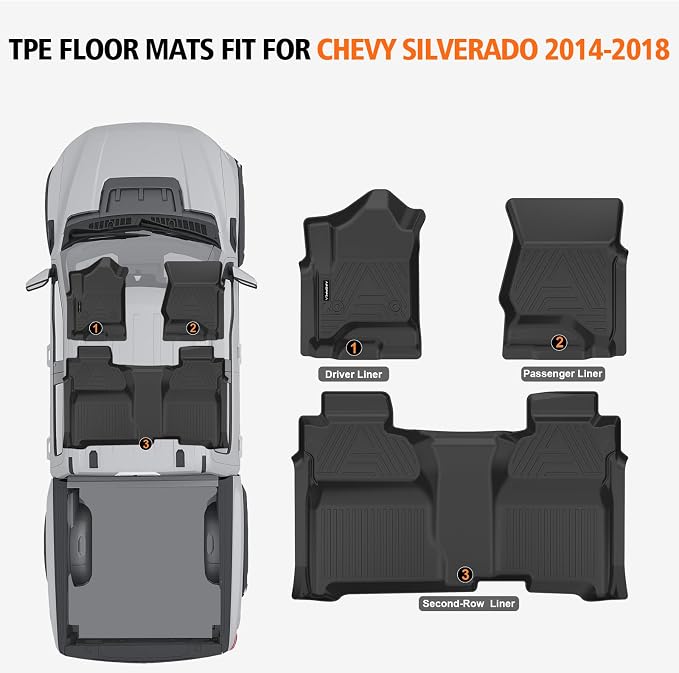 Floor Mats for 2014-2018 Chevrolet Chevy Silverado/GMC Sierra 1500 Crew Cab | All Weather Car Mats for 2015-2019 Silverado/Sierra 2500 HD/3500 HD Crew Cab, TPE Floor Liners for Silverado Accessories