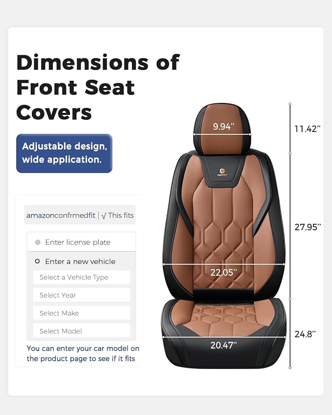 Huidasource Front Seat Covers, Universal Fit for Most Cars SUV Trucks, Full Coverage Leather Seat Cover, Airbag Compatble, Seat Function Retain, Storage Pocket Design, Easy to Install, Black & Brown