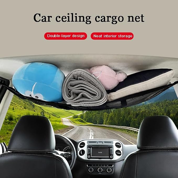 Car Ceiling Cargo Net Pocket for Ford Bronco Sport 2021 2022 2023 2024 2025, Large Capacity Double-Layer Overhead Storage with Zipper, Easy Item Organization for Road Trips, B 78X53cm